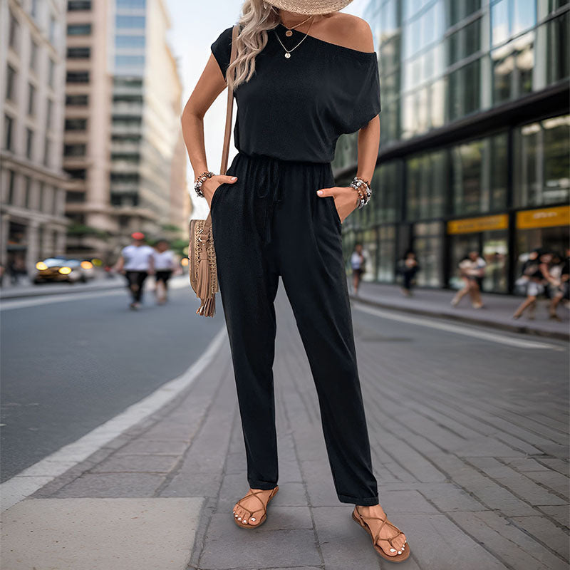 Mono de verano para mujer, con hombros descubiertos y pantalones de color liso