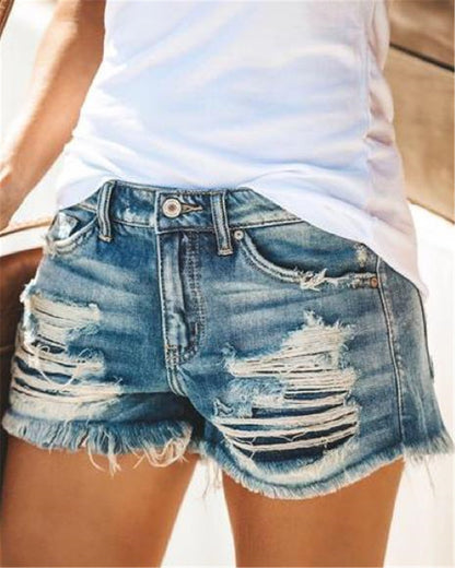 Short d'été en denim déchiré taille haute pour femme