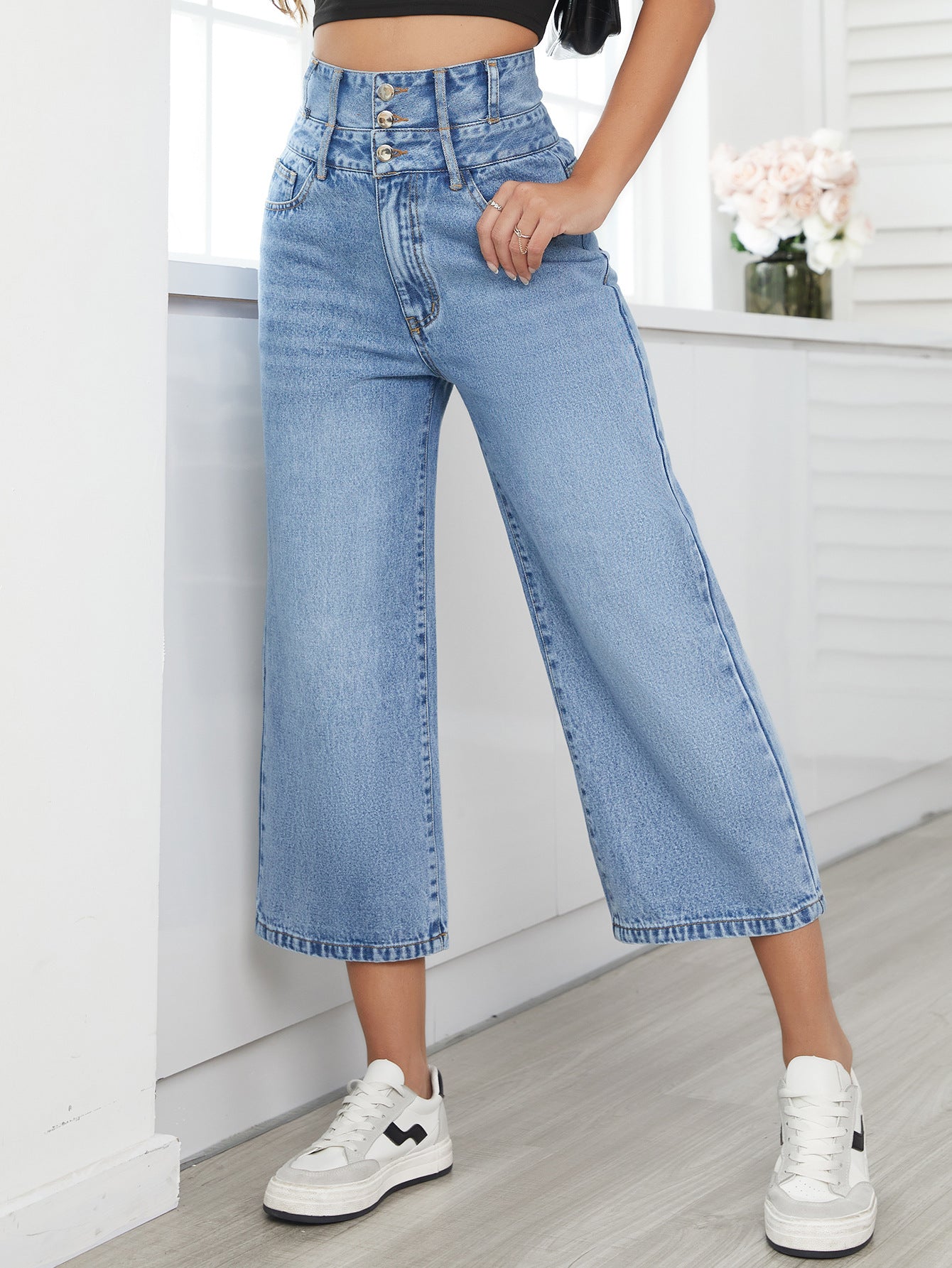 Denim Pants Women Straight High Waist Cropped Pants