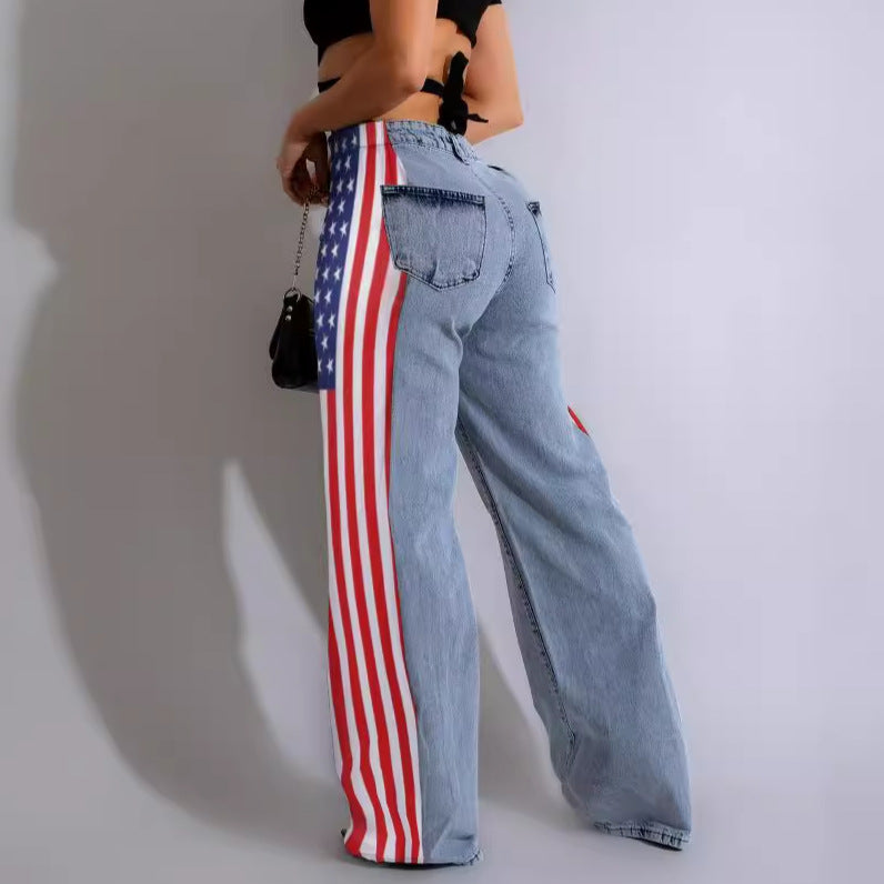 Pantalon en denim extensible à jambe large et imprimé drapeau pour femme, jean droit décontracté à taille haute