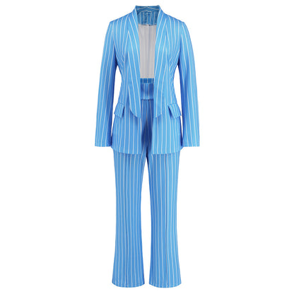 Autumn Winter Casual Striped Blazer Straight Wide Leg Pants Suit Two Piece Suit