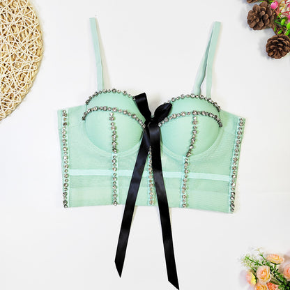 Haut tubulaire Sexy avec nœud papillon intégré et diamants, Design français, Niche pour boîte de nuit, hauts tendance pour femmes, soutien-gorge Corset à désossage perlé