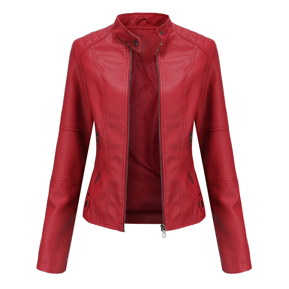 Chaqueta de cuero para mujer, chaqueta fina para mujer, abrigo fino para primavera y otoño, ropa de moto para mujer, chaqueta de cuero con cuello alto