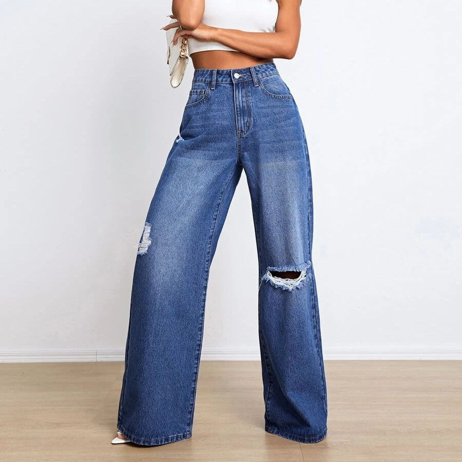 Ropa de mujer Jeans cintura alta agujero suelto adelgazamiento pantalones de pierna ancha