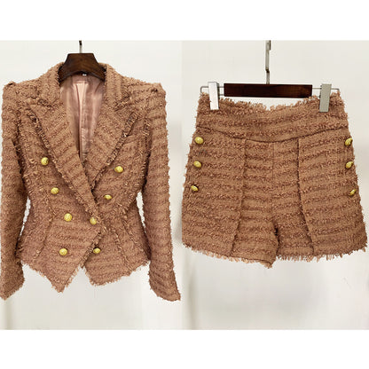 Autumn Winter Star Tassel Fringe Tweed Slim Blazer Shorts Set