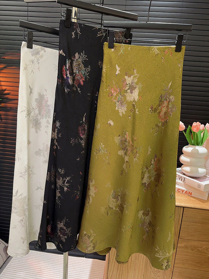 Chinese Long Skirt Advanced Satin Printed Fishtail Skirt Women Summer Sheath Split Chinese A Line Skirt