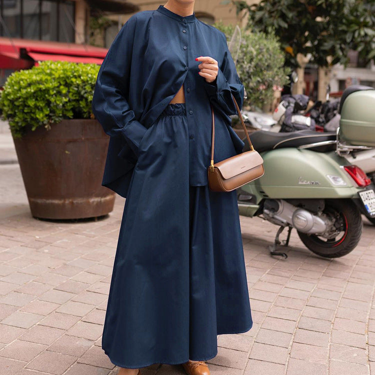 Early Autumn Lazy Wind Casual Stand up Collar Long Sleeved Shirt Wide Leg Pants Loose Two Piece Set