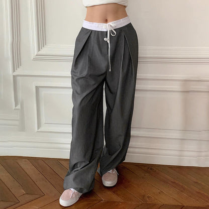 Pantalon ample plissé de couleur contrastée personnalité jambe large tendance fille cool porter taille basse pantalon décontracté été