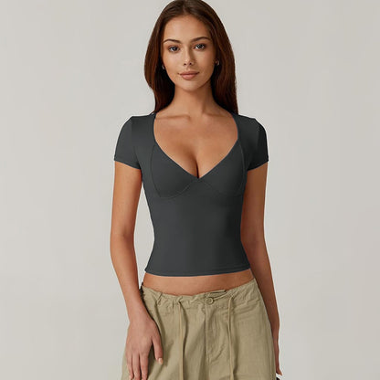 Ropa de mujer Verano Color sólido Simple Casual Cuello en V Camiseta corta delgada Top para mujer