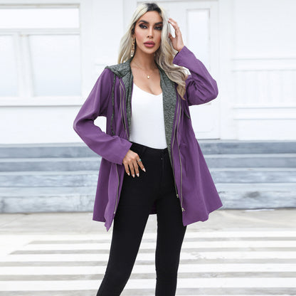 Women Clothing Casual Waist Tight Double Zipper Contrast Color Coat Mid Length Long Sleeve Hood Windbreaker Explosion