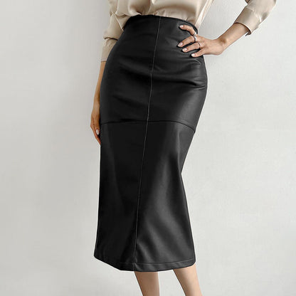 Autumn Winter Retro Classic Khaki Fleece lined Matte Slimming Faux Leather High Waist Casual Slit Skirt for Women