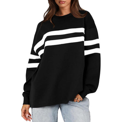 Women Clothing Autumn Winter Oversized Casual Patchwork Striped Pullover Sweatshirt