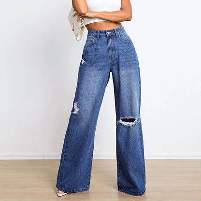 Ropa de mujer Jeans cintura alta agujero suelto adelgazamiento pantalones de pierna ancha