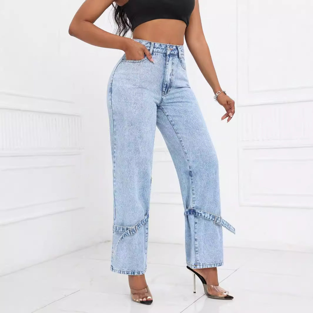 Women Clothing Straight Loose High Waist Jeans Trousers