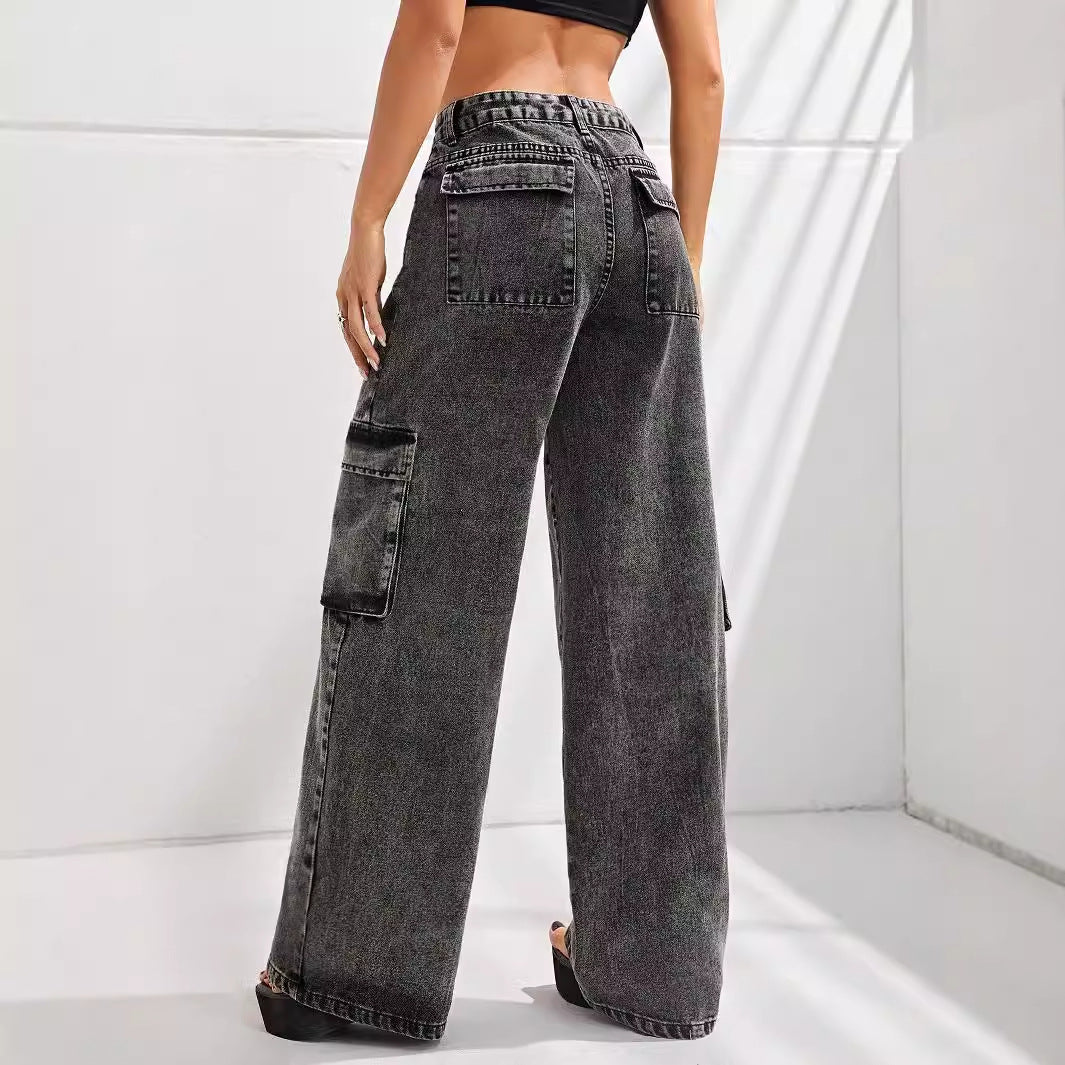 Women Clothing High Waist Large Pocket Slimming Loose Cargo Denim Trousers