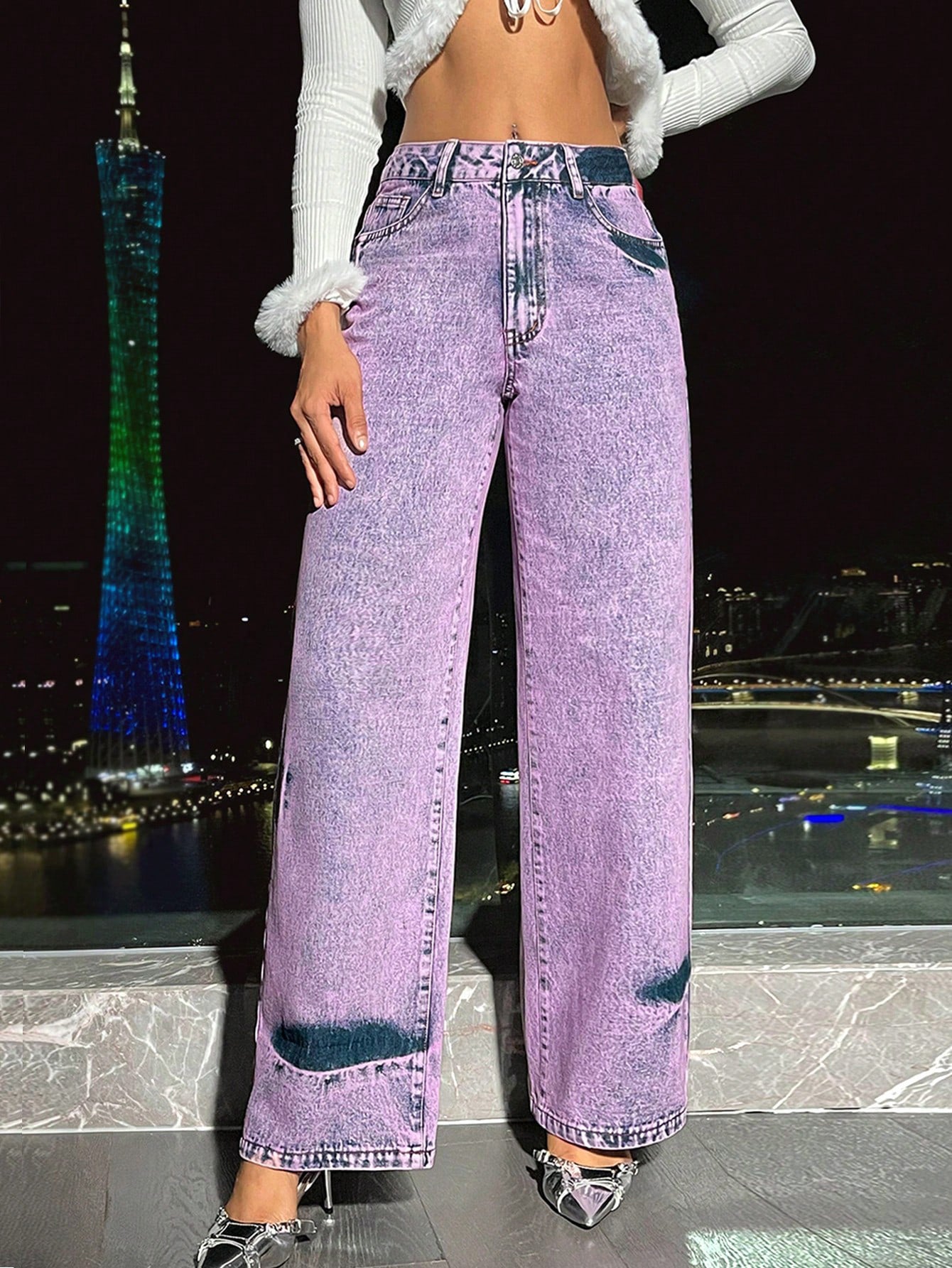 Women Clothing Retro Casual High Waist Wide Leg Straight Denim Trousers