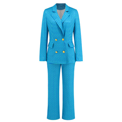 Autumn Winter Women Clothing Houndstooth Double Breasted Blazer Slim Fit Straight Trousers Suit