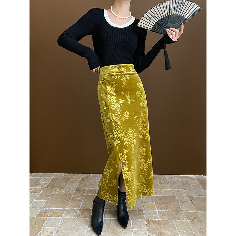 Cheongsam Frog Button National Bamboo Jacquard Thickened Side Slit Velvet Skirt