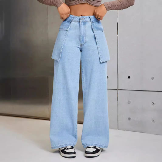 Women Clothing Casual Wide Leg Large Pocket Denim Trousers