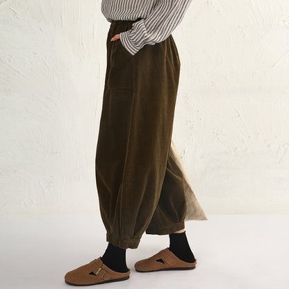 Autumn Winter Corduroy Bloomers Casual Elastic Waist Ankle Tied Loose Warm Can Be Worn outside Home Pants