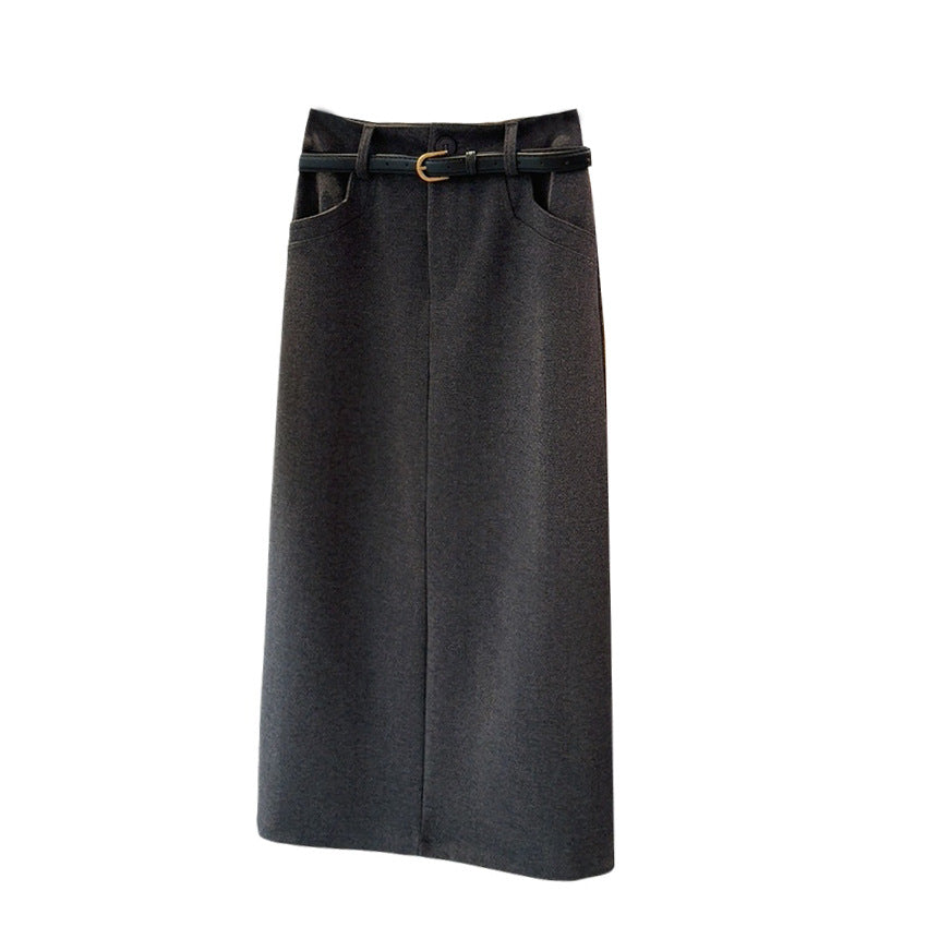 Brushed Gray Woolen Skirt Women Autumn Winter High Waist Slimming Sheath Split Mid Length Straight Skirt