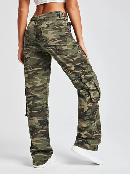 Women Camouflage Cargo Pants High Waist Multi Pocket Loose Jeans