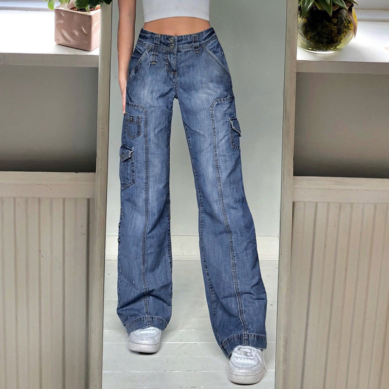 Women Clothing Multi Pocket Open Line Loose High Waist Denim Casual Straight Leg Trousers Summer