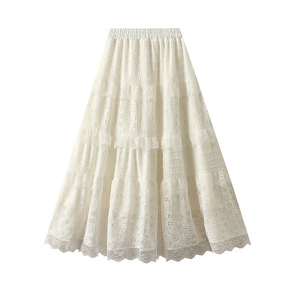 French Lace Tiered Skirt Autumn Winter Women Maxi Long Skirt