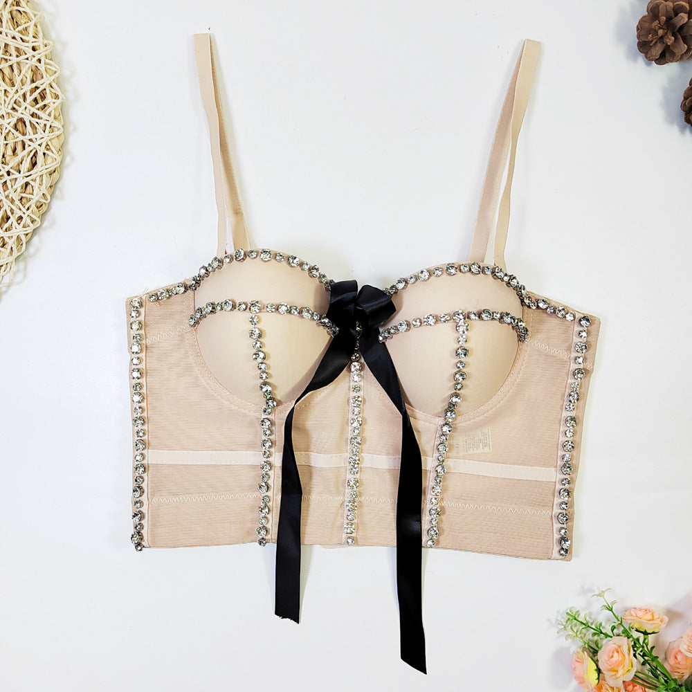 Haut tubulaire Sexy avec nœud papillon intégré et diamants, Design français, Niche pour boîte de nuit, hauts tendance pour femmes, soutien-gorge Corset à désossage perlé