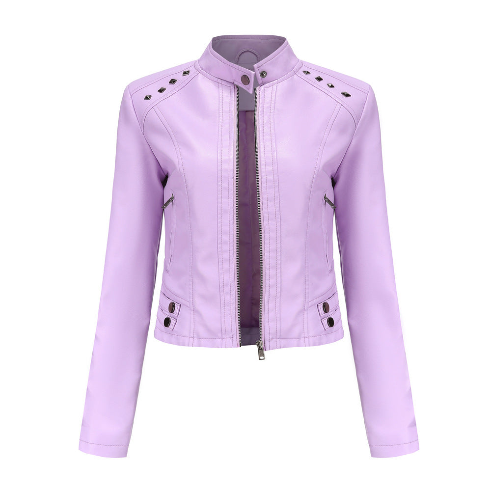 Women Clothing New Rivets Leather Women Short Spring Autumn Jacket Long Sleeve Women Jacket Thin Stand Collar Fashion Jacket