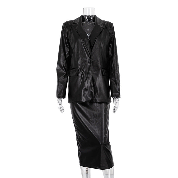 Women Clothing Early Spring Blazer Leather Skirt Set Black Office Two Piece Suit