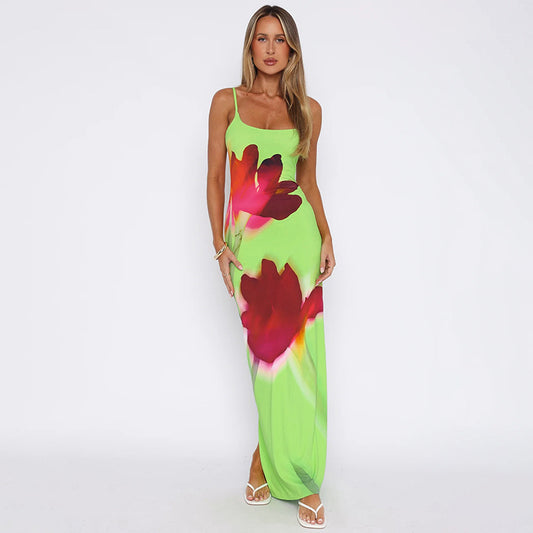 Women Clothing Summer Fresh Casual Strap Floral Print Slim High Waist Maxi Dress