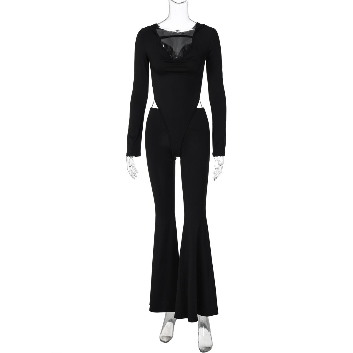 Women Clothing Autumn Sexy Cutout Slim Fit Hood Long Sleeve Jumpsuit