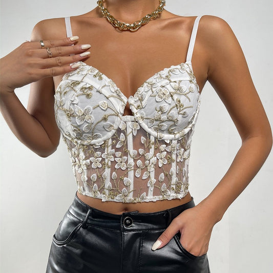 Broderie Florale Taille Sexy Maille Voir à travers Petit Gilet Femme Désossage Corset Désossage Corset Corset