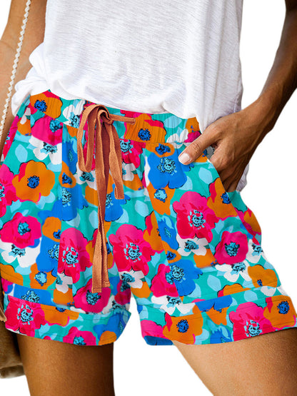 Short d'été multicolore imprimé Floral, cordon de serrage, taille élastique, décontracté, pantalon de plage ample pour femmes