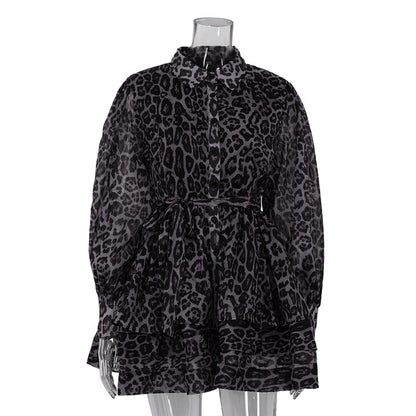 Women Clothing Early Spring Chiffon Leopard Print Long Sleeved Dress Street Collared Pettiskirt