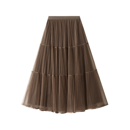 Women Two Sided Bright Yarn Mesh Skirt Autumn Winter Pleated Skirt High Waist Drape Gauze Skirt Long Skirt