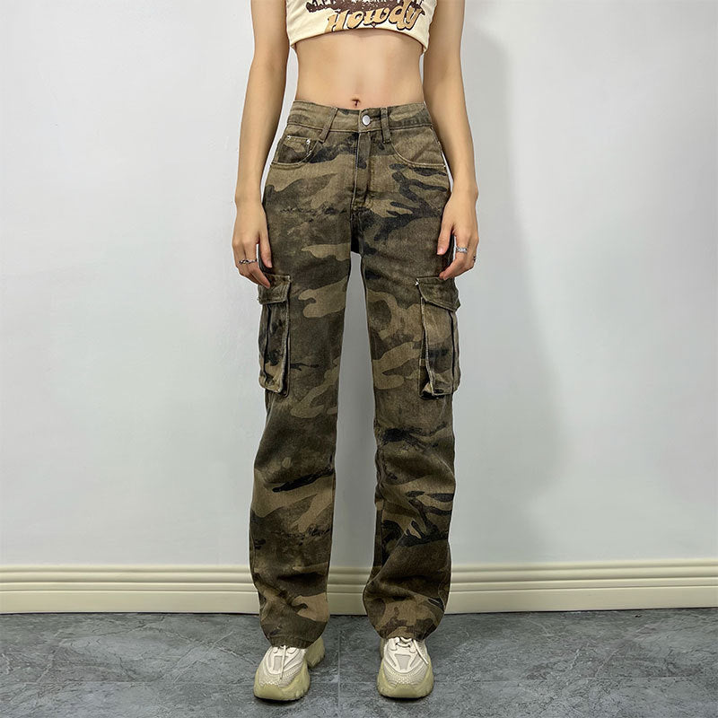 High Street Camouflage vêtements de travail personnalité poche jean femmes rue Hipster jambe droite pantalon pantalon