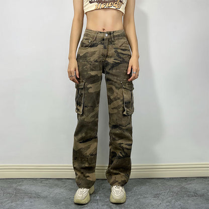 High Street Camouflage vêtements de travail personnalité poche jean femmes rue Hipster jambe droite pantalon pantalon