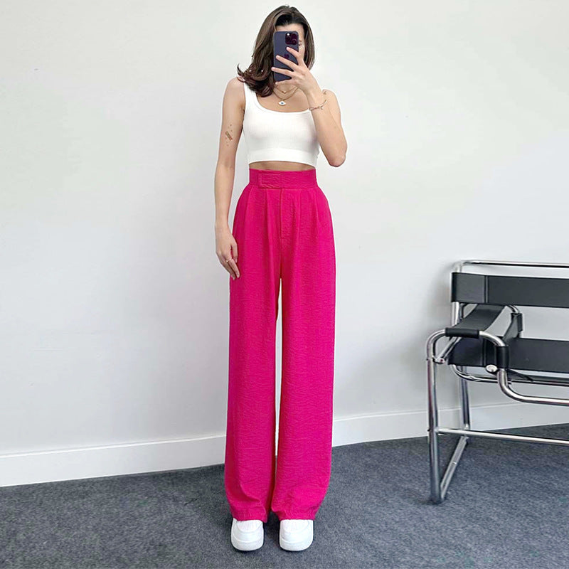 Comfortable Casual Pants Women Linen Fabric Straight High Waist Trousers