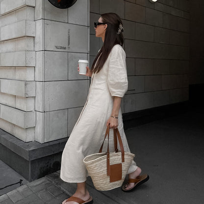 Robe longue française en coton et lin Beige pour femmes, manches bouffantes, dos nu, ample, col en V, été