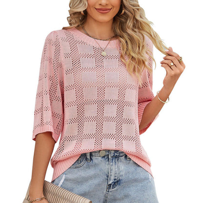 Ropa de verano para mujer, suéter tejido con cuello redondo, ropa de protección solar ahuecada, blusa