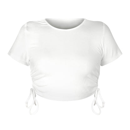 T-shirt manches courtes col rond pour femme, haut court et Sexy à rayures avec cordon de serrage, à lacets, été