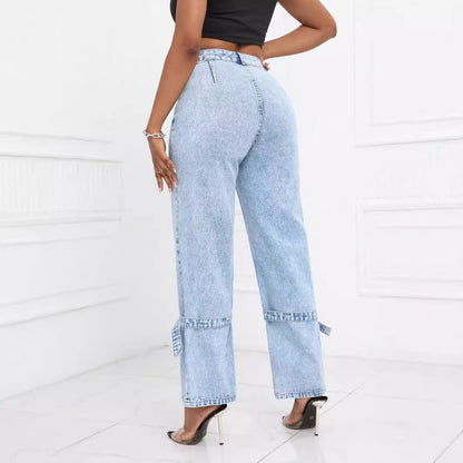 Women Clothing Straight Loose High Waist Jeans Trousers