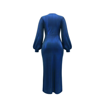 Women Clothing Dress High Slit Elegant Evening Dress Pleated Waist Tight Puff Sleeve Fishtail