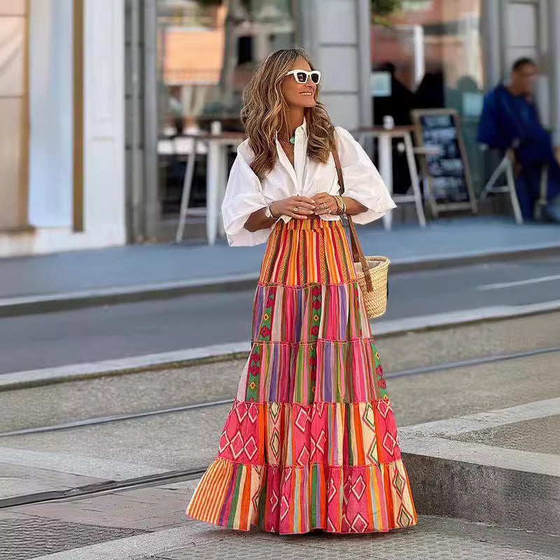 Autumn Internet Celebrity Same Printed Ruffled Big Hem Skirt Women