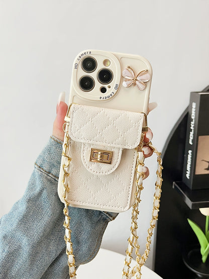 Diamond Chanel's Style Butterfly Card Holder for Iphone14promax Apple 15 Phone Case 13 over-the-Shoulder 12 Cross-Body Lanyard Simple and Light Luxury Women's 14pm Niche Style Fancy 15promax