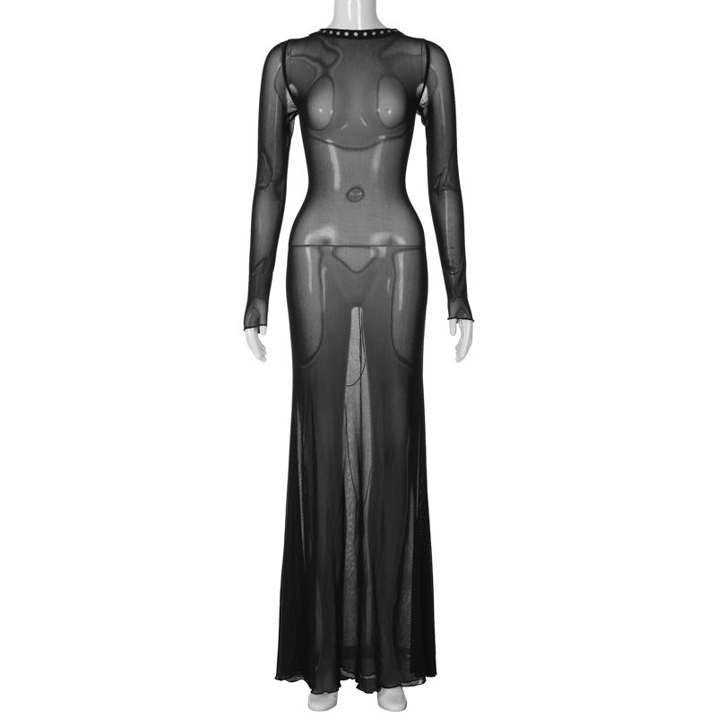 Autumn Women Clothing Sexy Mesh Backless Lace up Long Sleeve Super Maxi Dress for Women