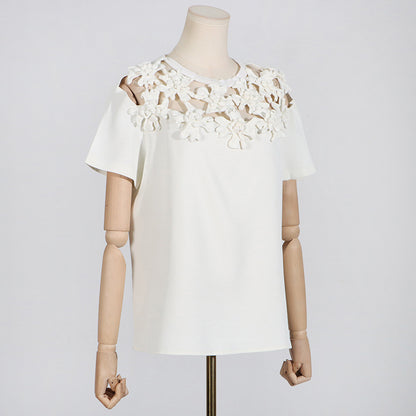 Summer Round Neck Embroidery Floral Stitching All Matching Hollow Out Cutout Short Sleeve T Shirt Top Women