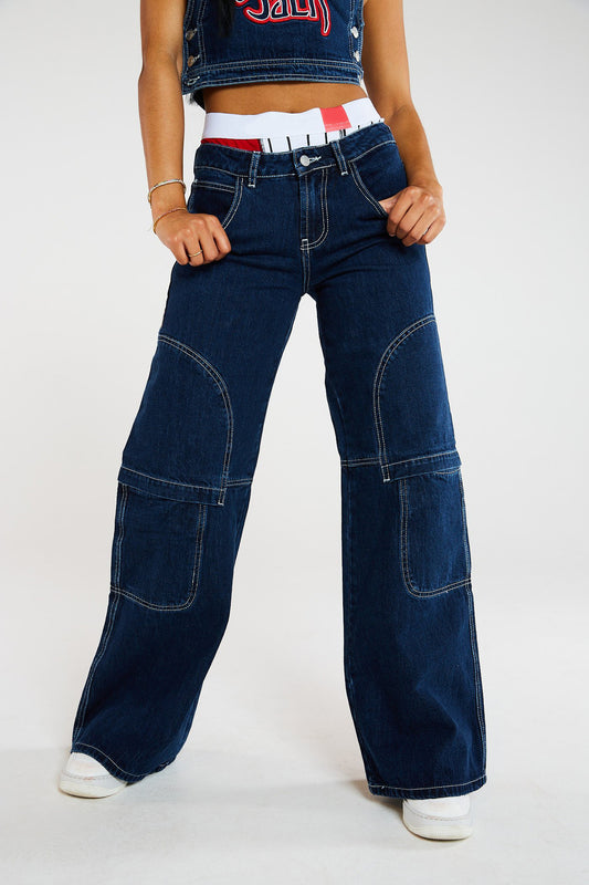 Fast Big Pocket Jeans à jambes larges Salopette Cargo Jeans à jambes larges